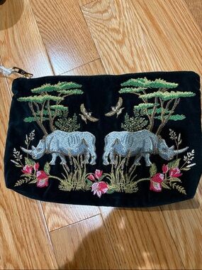 Embroidered Rhino Velvet Cosmetic Pouch - Black Elizabeth Scarlett